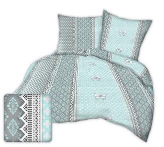 Pościel z kory 220x200 wzór miętowo-szara koronka z kokardami