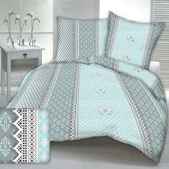 Pościel z kory 220x200 wzór miętowo-szara koronka z kokardami