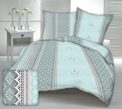 Pościel z kory 200x220 wzór miętowo-szara koronka z kokardami