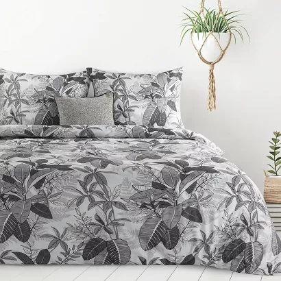 Pościel CASSIE 160x200 Design91 szara stalowa egzotyczne liście jungle