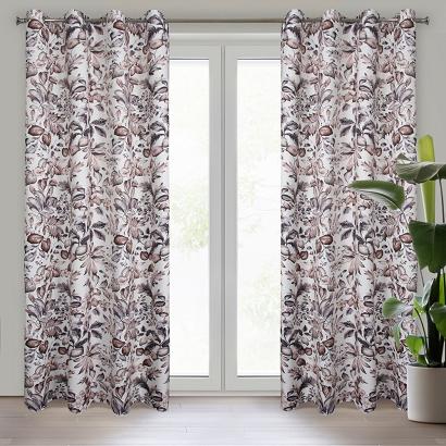 Zasłona gotowa na przelotkach HANA 140x250 Eurofirany biała brązowa beżowa liście kwiaty