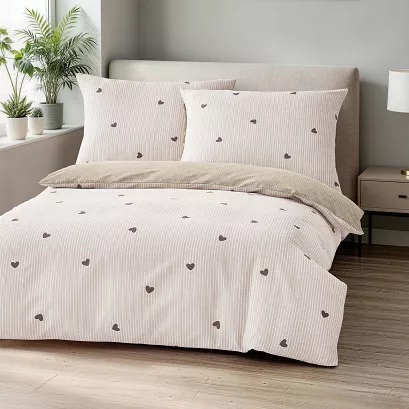 Komplet pościeli SERDUSZKO z bawełny satynowej 140x200 beżowa w brązowe paski i serduszka