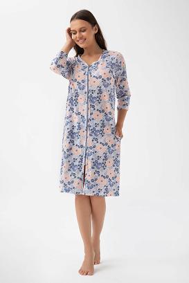 Szlafrok damski LUNA kod 390 niebieski łososiowy kwiaty