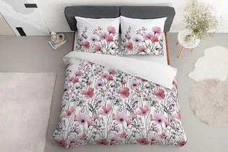 Pościel satynowa Home Satin 160x200 biała w akwarelowe różowe kwiaty