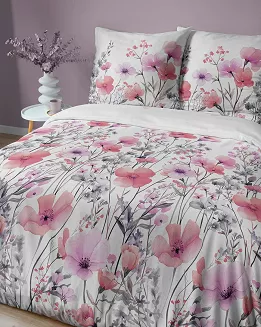 Pościel satynowa Home Satin 160x200 biała w akwarelowe różowe kwiaty