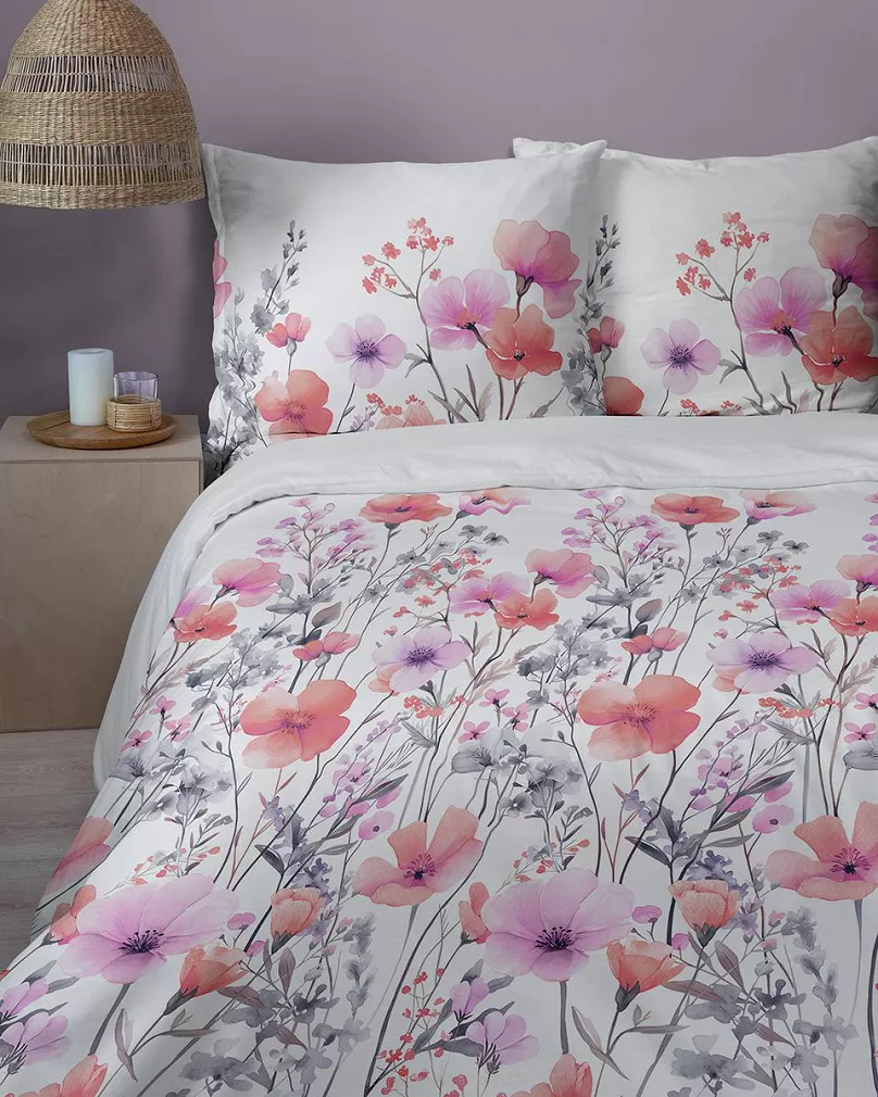 Pościel satynowa Home Satin 160x200 biała w akwarelowe różowe kwiaty