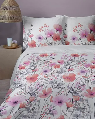 Pościel satynowa Home Satin 160x200 biała w akwarelowe różowe kwiaty