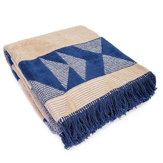 Koc bawełniano-akrylowy 150x200 Darymex beżowy granatowy kwadraty trójkąty