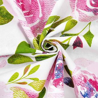 Pościel bawełniana MANSION 200x220 biała różowa zielona kwiaty