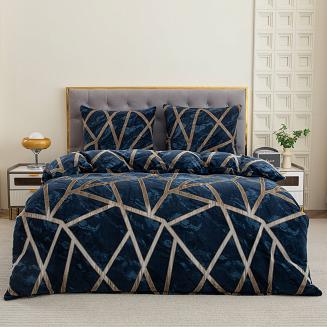 Pościel polarowa 160x200 welur granatowa beżowa geometria