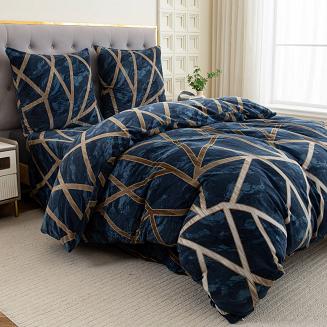 Pościel polarowa 160x200 welur granatowa beżowa geometria