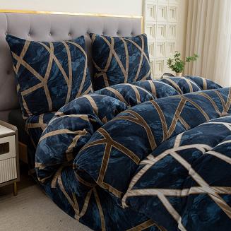 Pościel polarowa 160x200 welur granatowa beżowa geometria