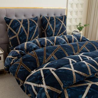 Pościel polarowa 160x200 welur granatowa beżowa geometria