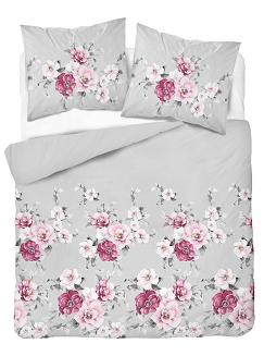 Pościel satynowa 160x200 szara różowe bordowe kwiaty malwy róże