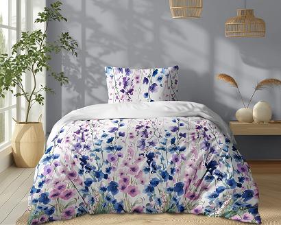 Pościel bawełniana 140x200 Detexpol biała różowe niebieskie ostróżki