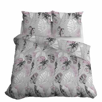 Pościel bawełniana 200x220 Detexpol szara fioletowa w liście