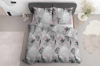 Pościel bawełniana 200x220 Detexpol szara fioletowa w liście