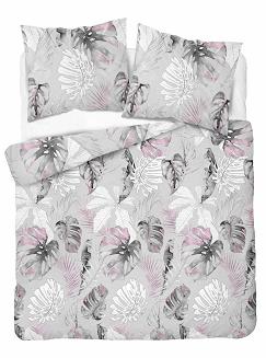 Pościel bawełniana 200x220 Detexpol szara fioletowa w liście