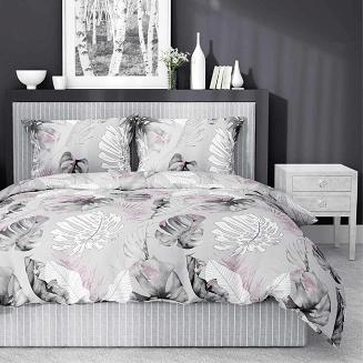 Pościel bawełniana 200x220 Detexpol szara fioletowa w liście