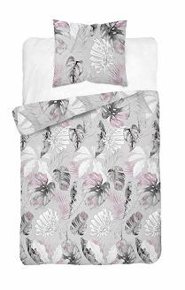 Pościel bawełniana 200x220 Detexpol szara fioletowa w liście