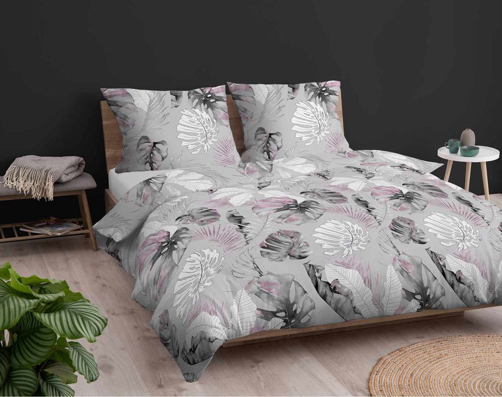 Pościel bawełniana 200x220 Detexpol szara fioletowa w liście