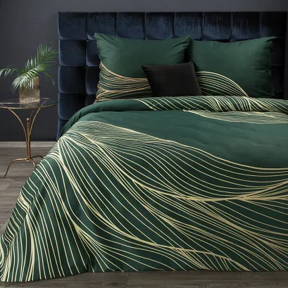 Pościel satynowa PREMIUM 160x200 Eurofirany zielona/ złote liście