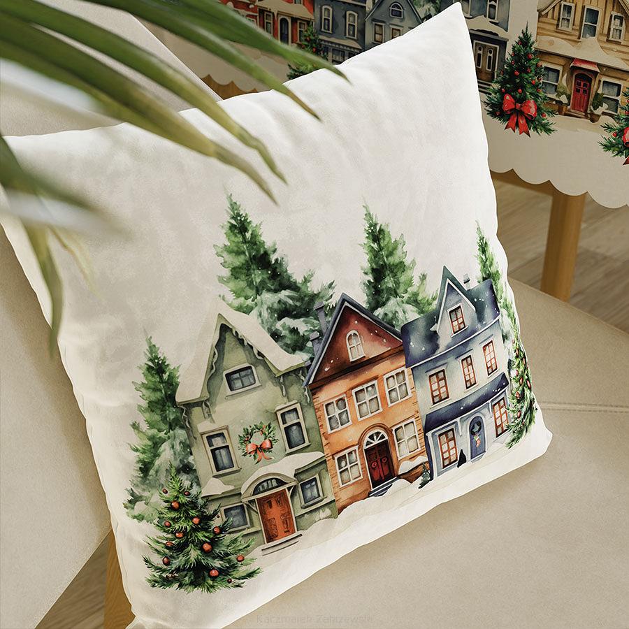 Poszewka dekoracyjna świąteczna ZIMOWE MIASTECZKO 40x40 welwetowa wielokolorowa