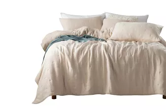 Narzuta dekoracyjna muślinowa struktura Stella 140x200 beżowa z haftem krzyżyków