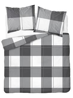 Pościel satynowa 200x220 czarna szara biała krata