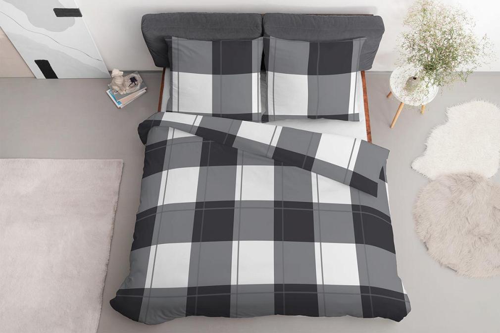 Pościel satynowa 200x220 czarna szara biała krata