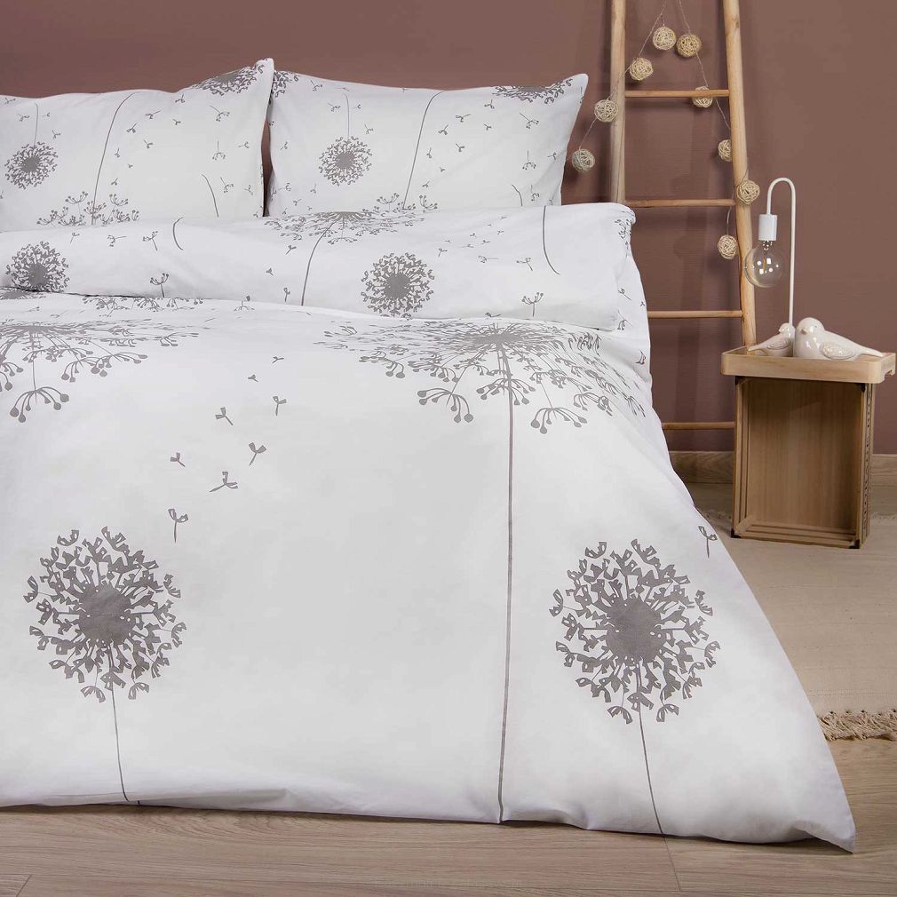 Pościel bawełniana 180x200 COTTONLOVE biała w duże szare dmuchawce