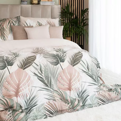 Komplet pościeli LUSH z bawełny satynowej 220x200 kremowa oliwkowa beżowa egzotyczne liście