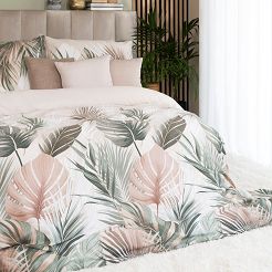 Komplet pościeli LUSH z bawełny satynowej 220x200 kremowa oliwkowa beżowa egzotyczne liście