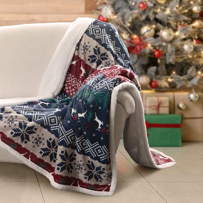 Koc świąteczny KOC24 150x200 Eurofirany granatowy bordowy dwustronny skandynawski wzór + baranek