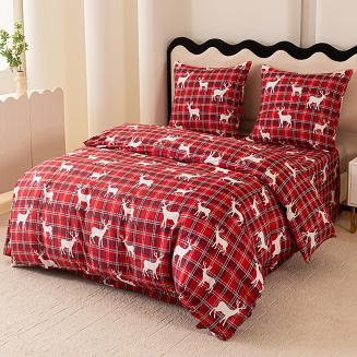 Pościel świąteczna 140x200 czerwona biała krata renifery