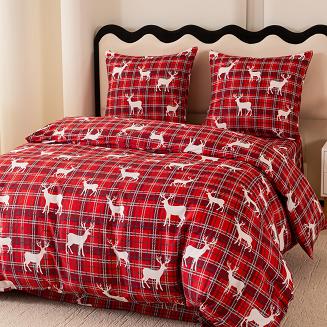 Pościel świąteczna 140x200 czerwona biała krata renifery