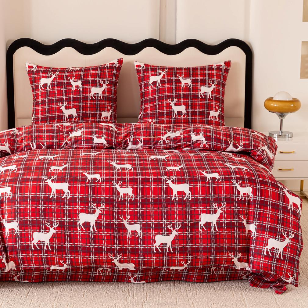 Pościel świąteczna 140x200 czerwona biała krata renifery