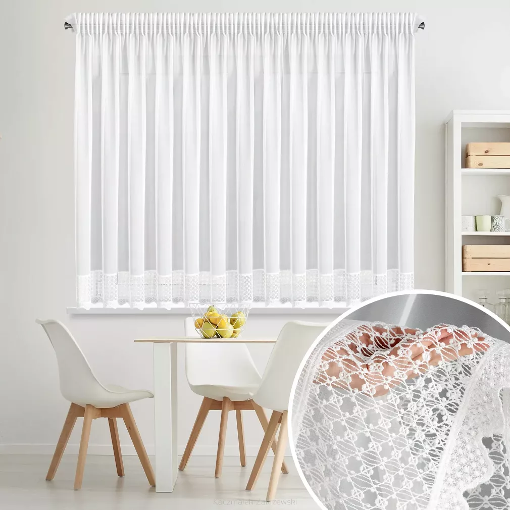 Firana gotowa na taśmie KATRINA 350x150 Eurofirany biała geometryczna koronka na dole falisty brzeg