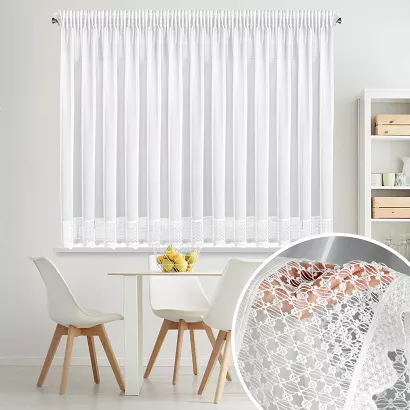 Firana gotowa na taśmie KATRINA 350x150 Eurofirany biała geometryczna koronka na dole falisty brzeg