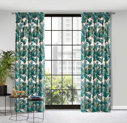 Zasłona gotowa na taśmie DAVOS 140x270 Eurofirany biało zielona w liście monstery