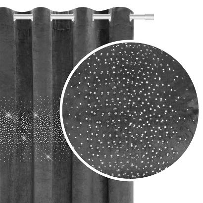 Zasłona gotowa na przelotkach Shiny 140x250 welurowa z kryształkami grafitowa
