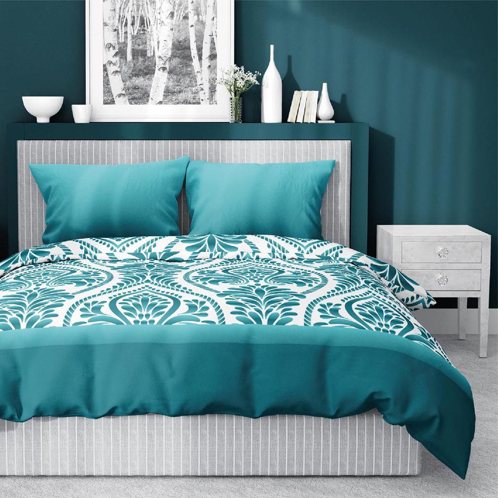 Pościel bawełniana 200x220 Detexpol turkusowa w liście paproci