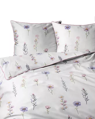 Pościel z perkalu Lamé Percale 220x200 biała różowa kwiatowe gałązki ozdobna lamówka biza