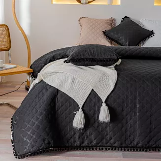 Narzuta dekoracyjna POMPOO 140x200 pikowana z pomponami czarna