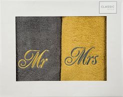 Komplet ręczników 2 szt. Mr-Mrs 70x140 Eurofirany stalowy musztardowy