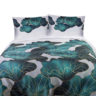 Pościel satyna bawełniana SATYNLOVE 140x200 szara w turkusowe złote liście