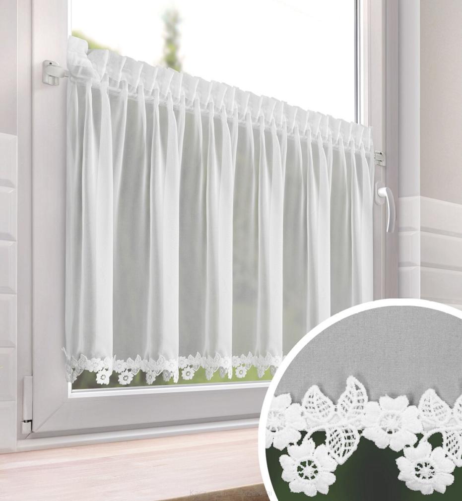 Zazdrostka gotowa na taśmie LILI 150x60 Eurofirany biała z kwiatowym wykończeniem na dole