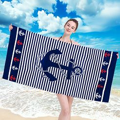 Ręcznik plażowy 100x210 biały granatowy paski kotwica
