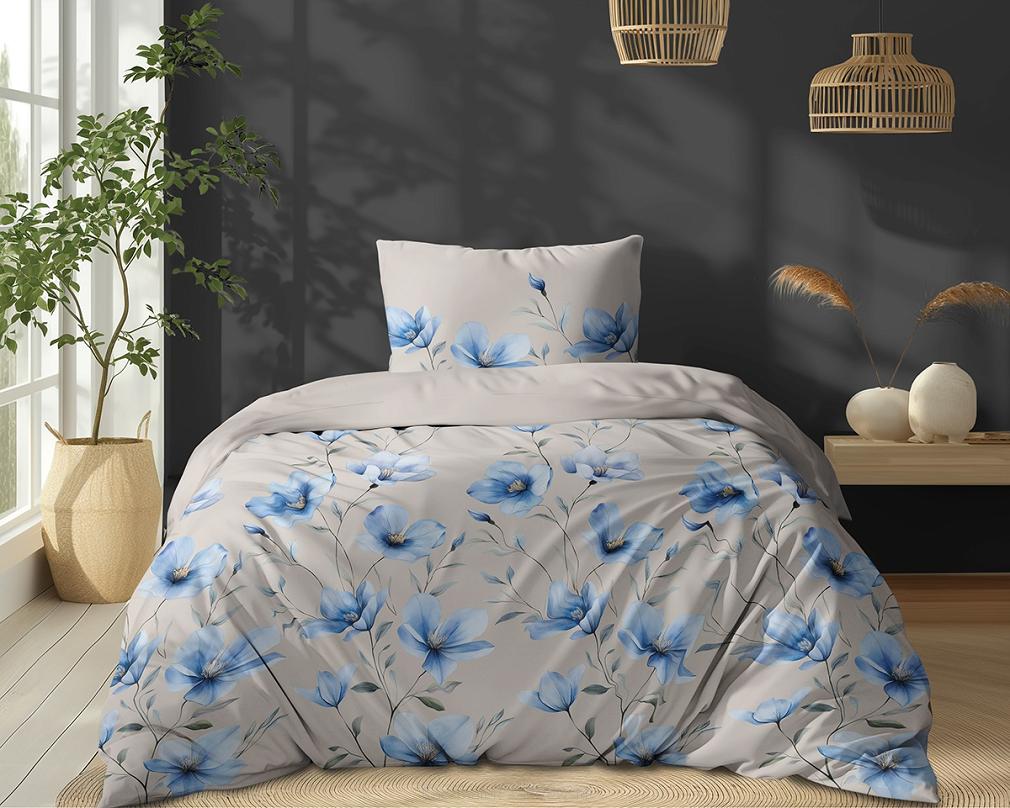 Pościel bawełniana 140x200 Detexpol beżowa w niebieskie kwiaty