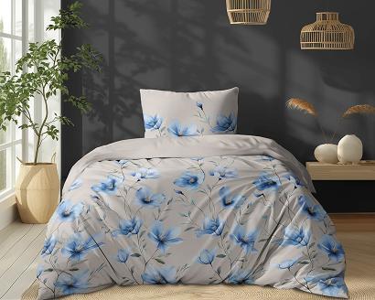 Pościel bawełniana 140x200 Detexpol beżowa w niebieskie kwiaty